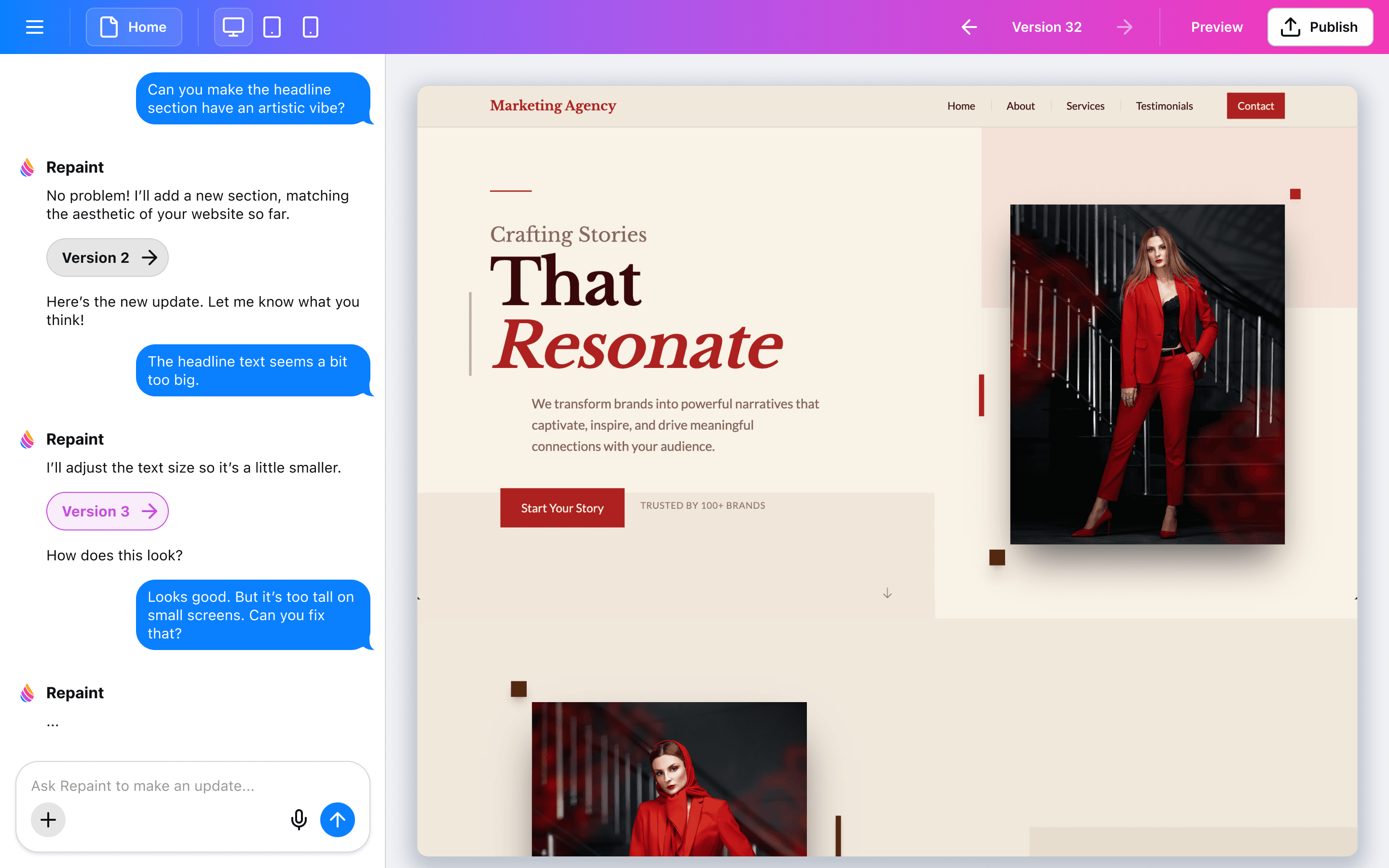 AI-powered website builder interface showing chat panel and live website preview