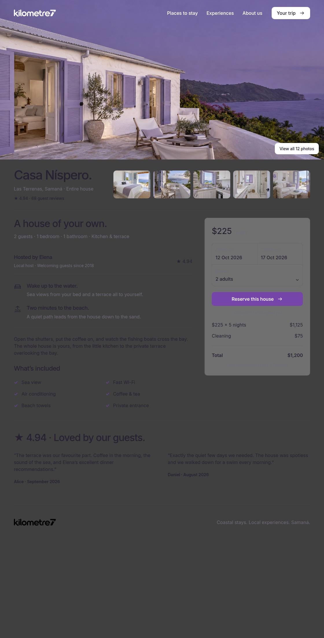 Private house rental with exterior and interior photos, dates, and booking details