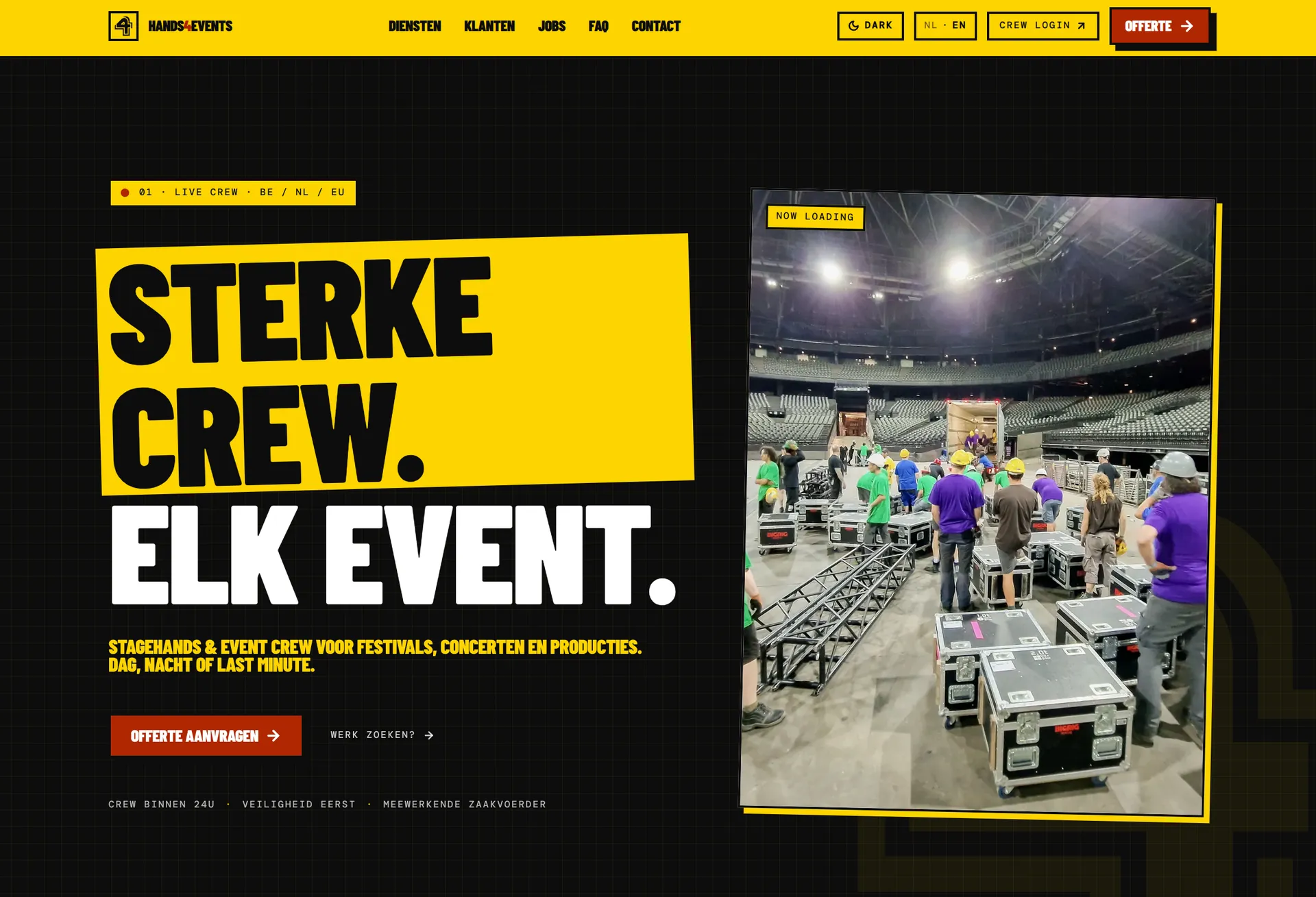 Homepage for a Belgian event crew company with a black and yellow layout, a "Sterke crew. Elk event." headline, and a photo of a crew setting up an arena stage