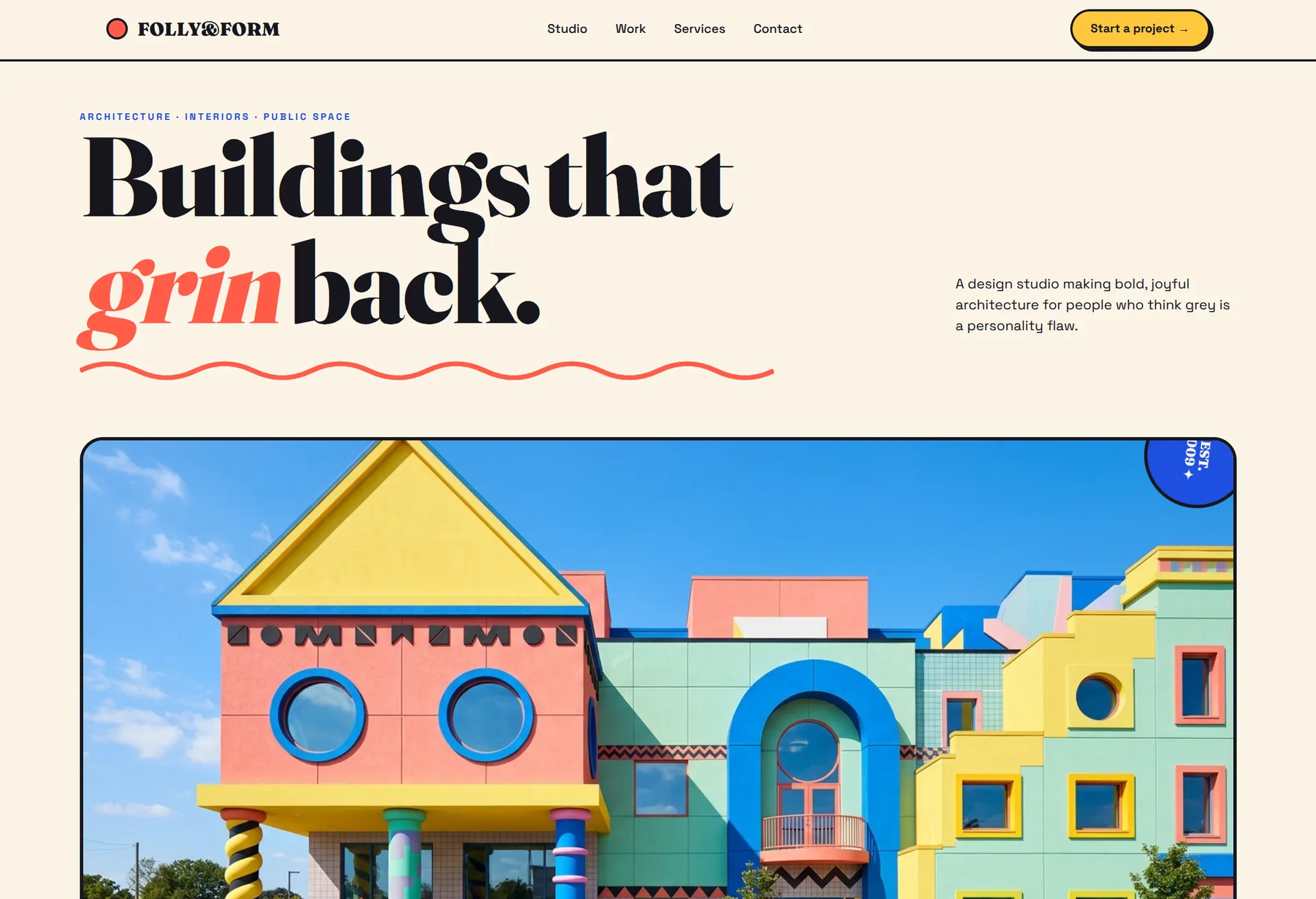 A playful postmodern architecture firm site