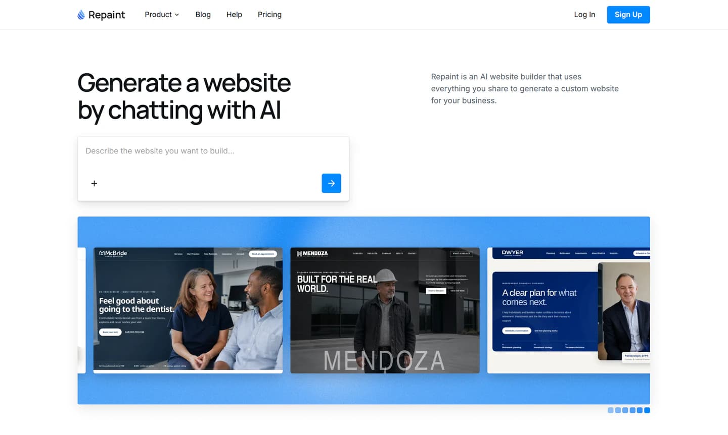 Describing a business website to generate with AI in Repaint