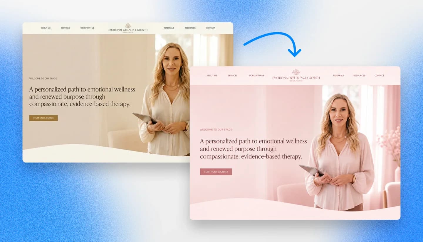 A therapist website before and after adjusting its color theme with AI