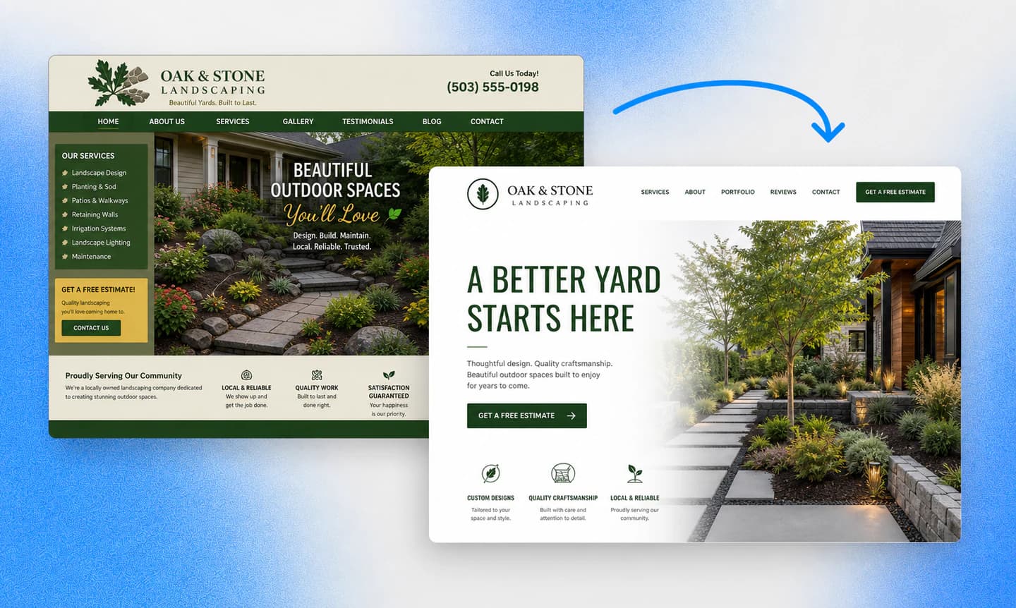 A small business website before and after being redesigned with AI