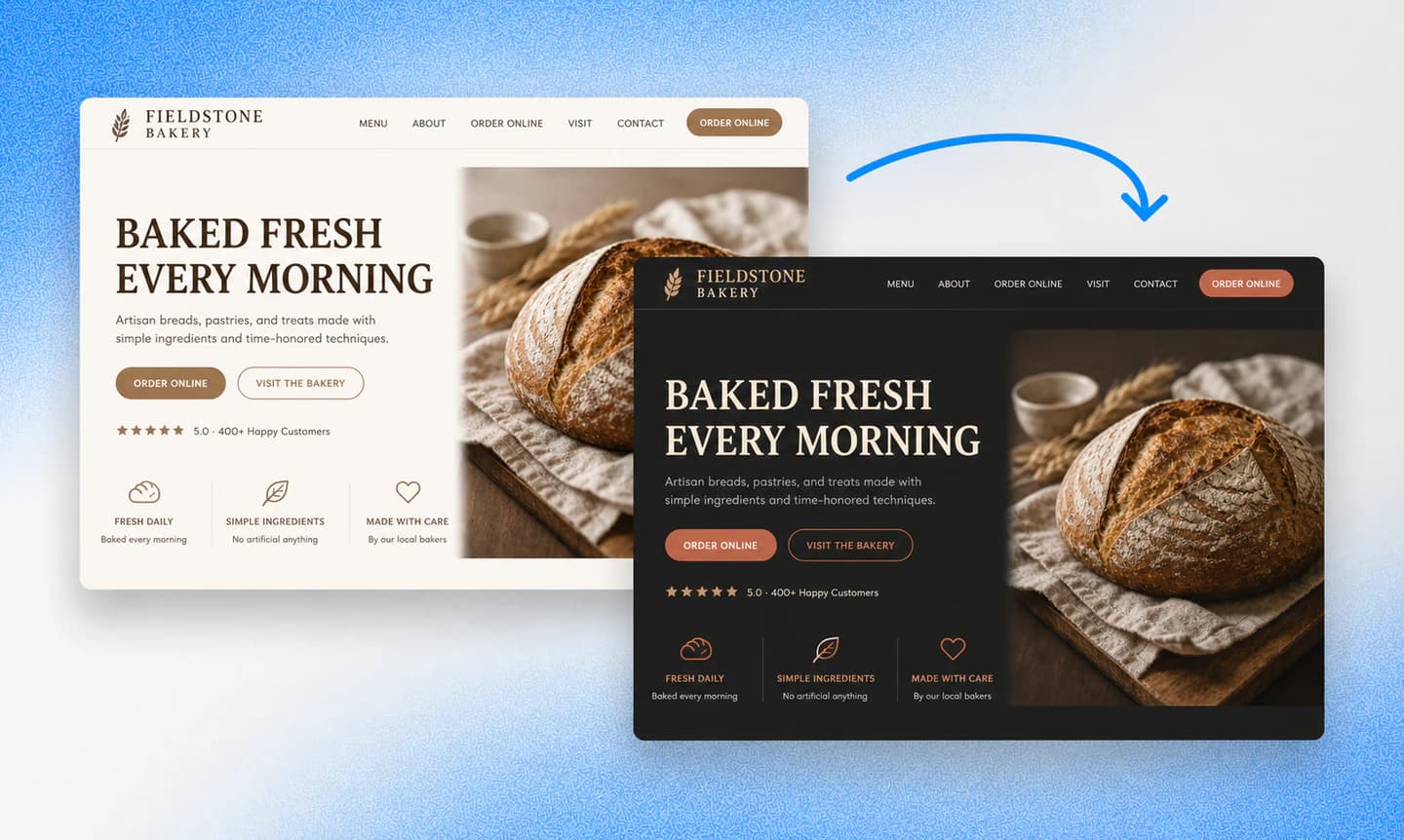 A bakery website before and after its visual style is edited with AI