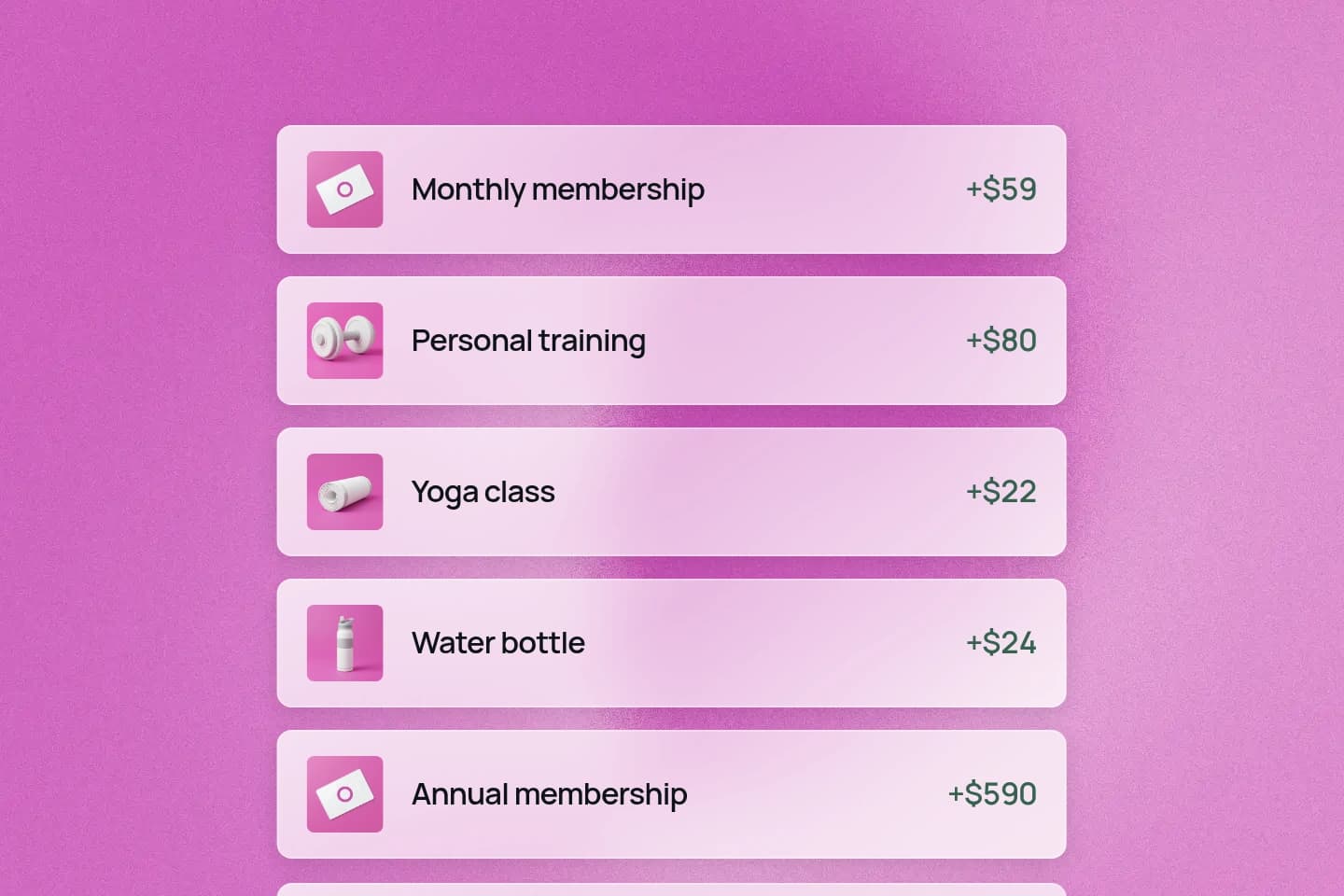 Payments coming in to a gym for memberships, classes, training, and equipment