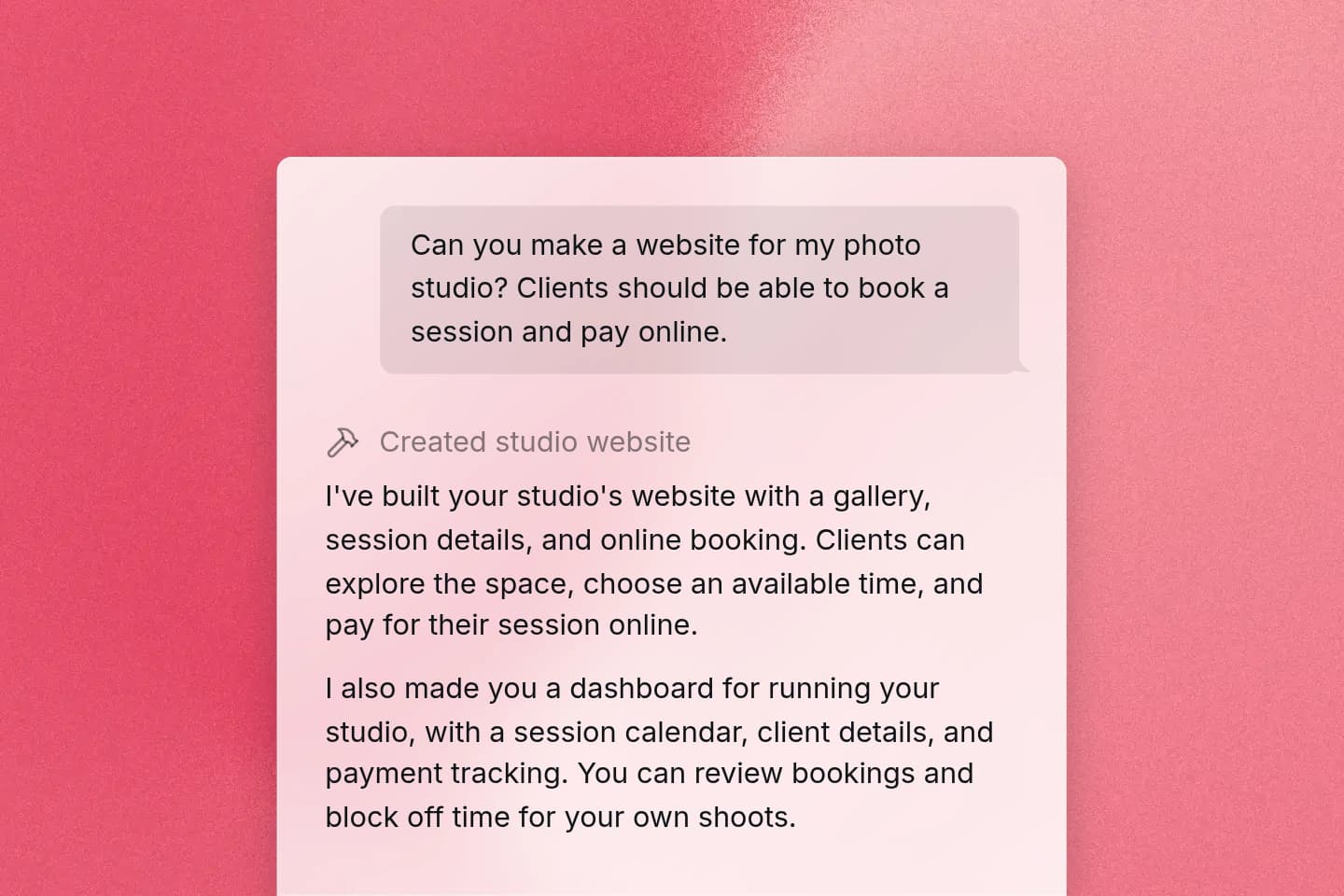 A chat with Repaint asking for a photo studio website with online booking and payments