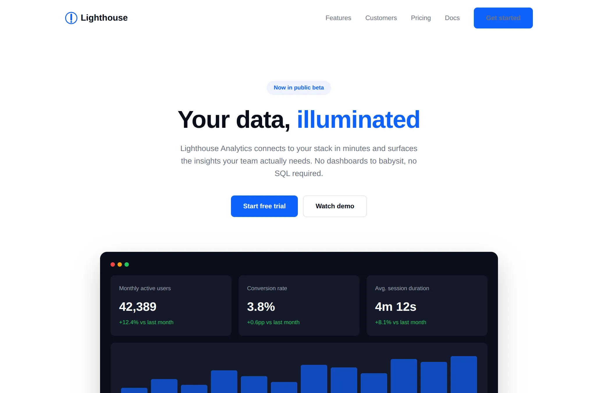 Prompt "Make a landing page for a data analytics startup called Lighthouse Analytics" in Claude Code