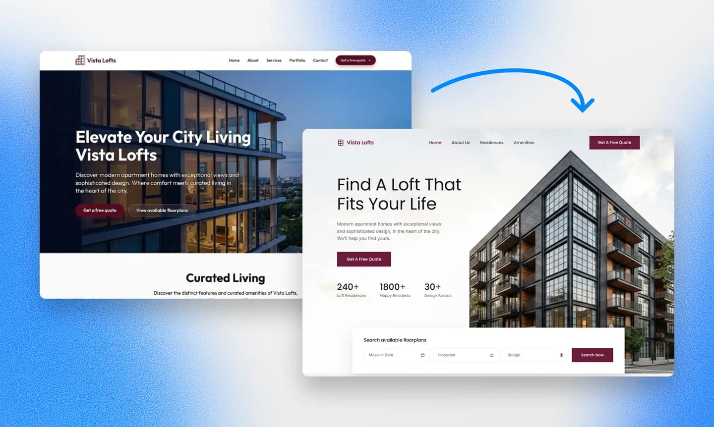 Före och efter av en Framer-webbplats omdesignad med AI