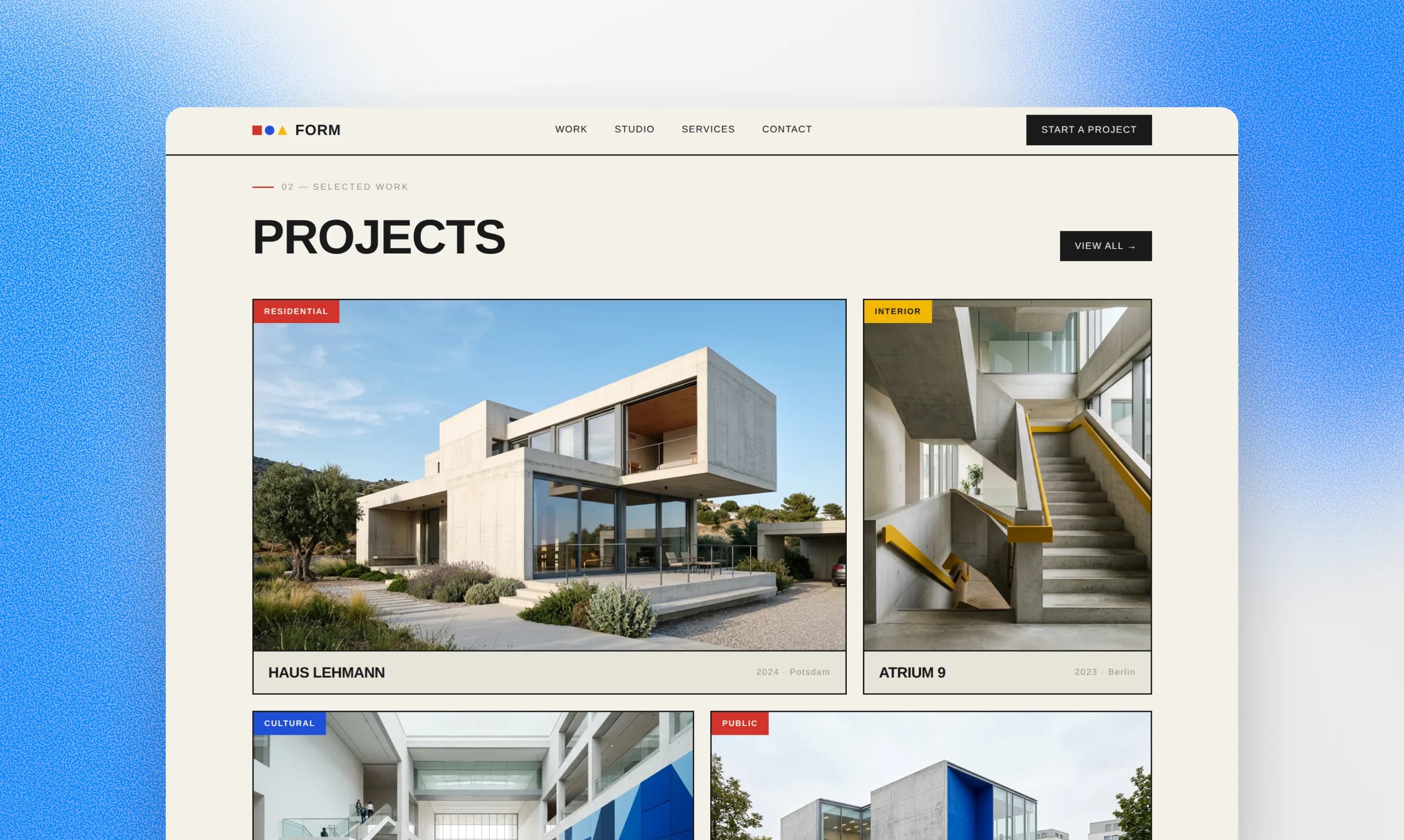 A modern architecture studio website showing a gallery of project photos