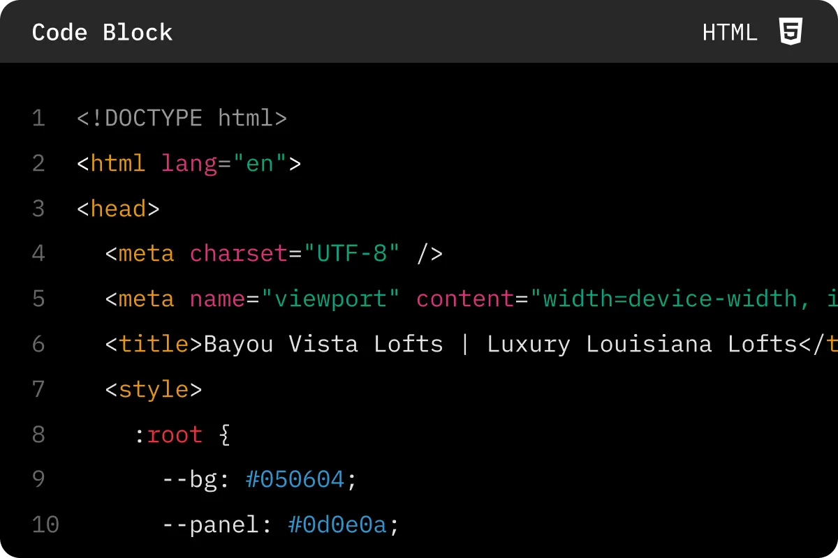 HTML code for the Bayou Vista Lofts website to import into Repaint