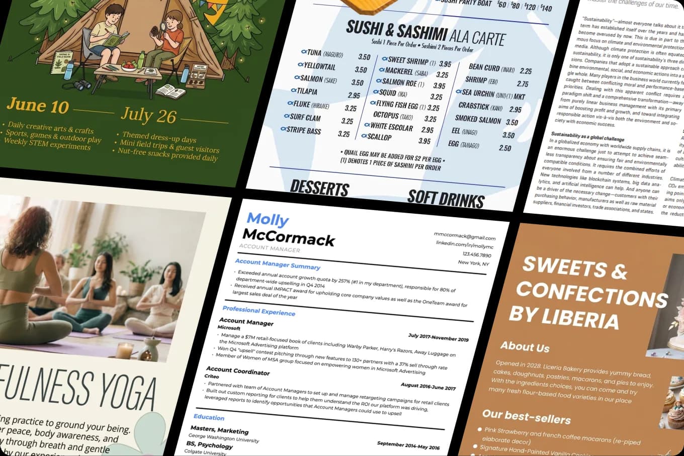 A collage of documents to import into Repaint, including menus, flyers, and resumes