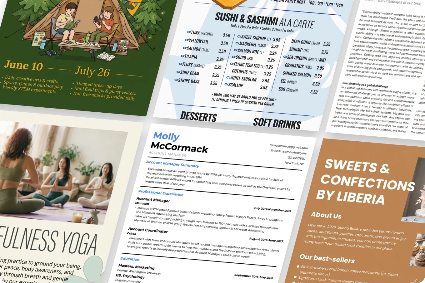 A collage of documents to import into Repaint, including menus, flyers, and resumes