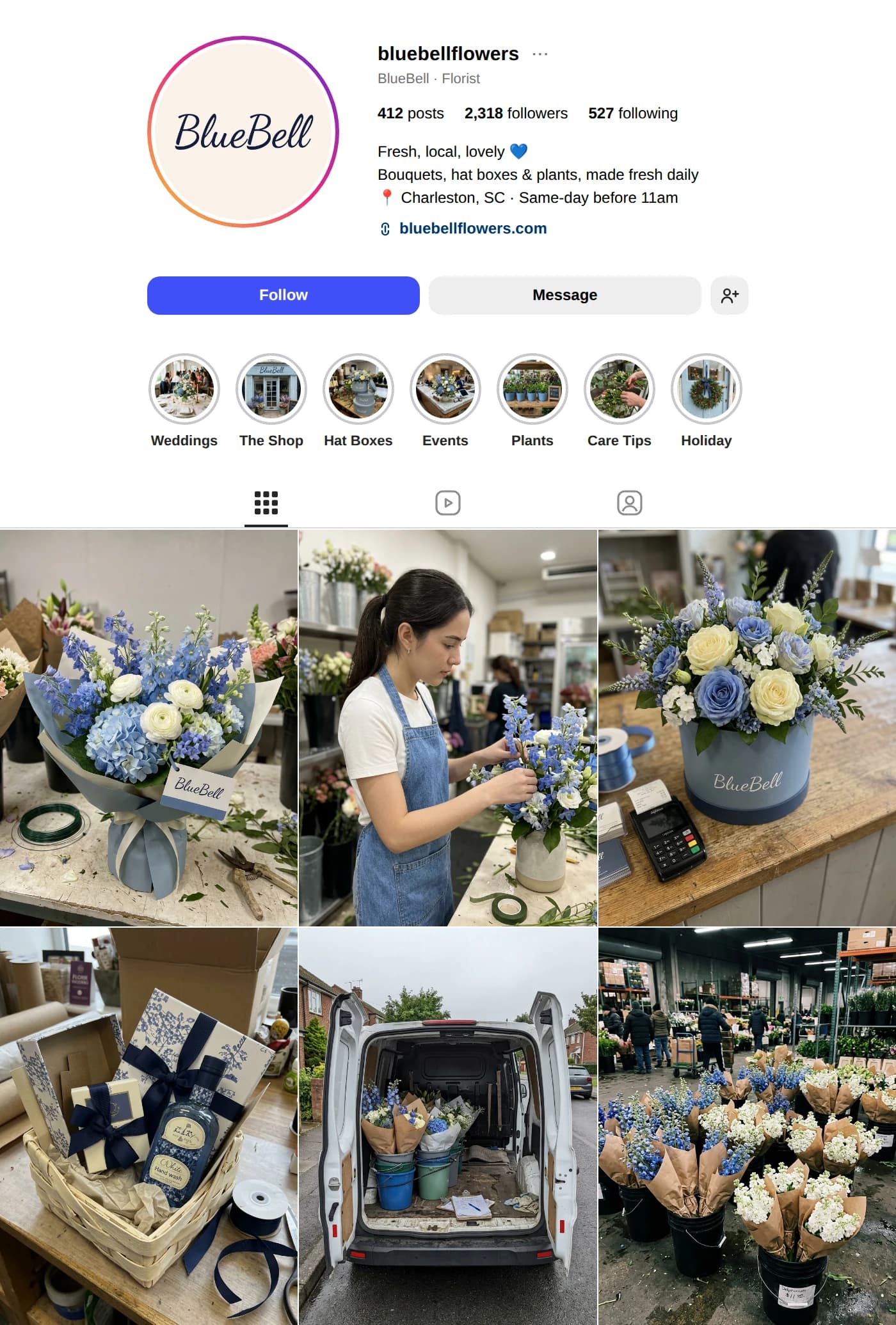 A florist's Instagram profile with a feed of bouquet photos, ready to import into Repaint