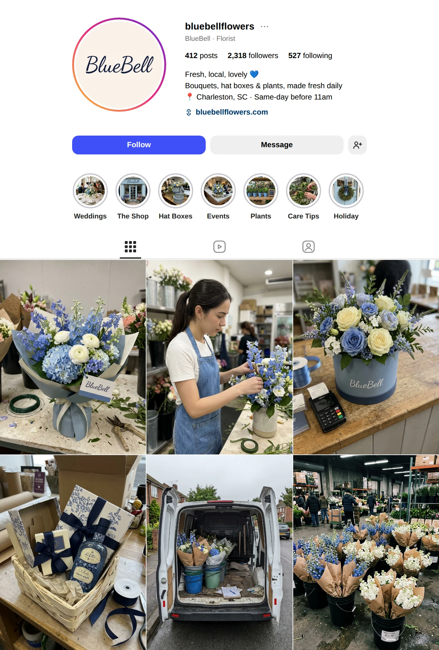 A florist's Instagram profile with a feed of bouquet photos, ready to import into Repaint
