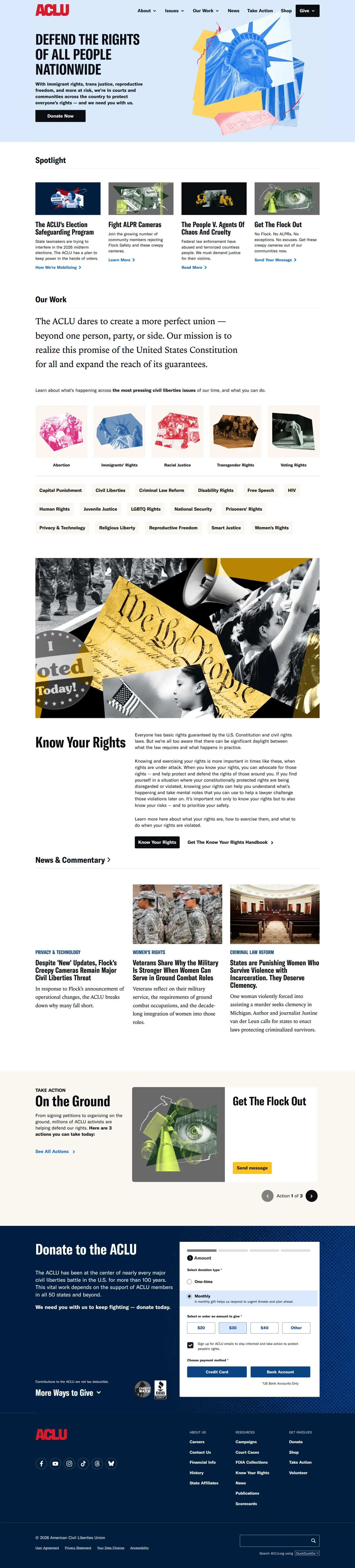 ACLU website design, full page