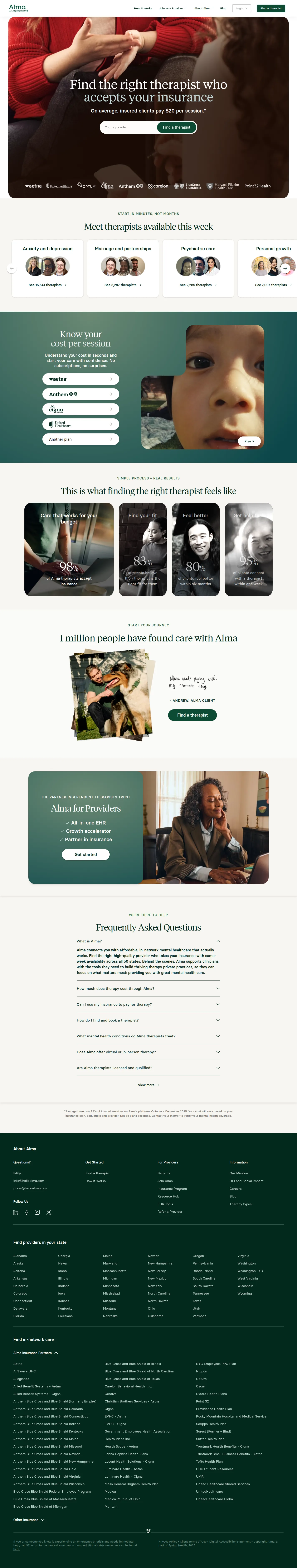 Alma website design, full page