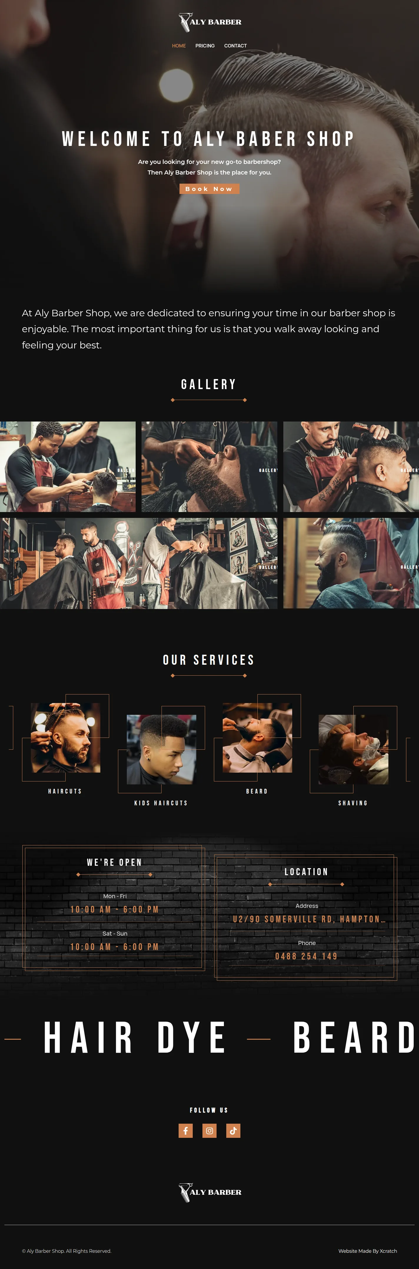 Aly Barber Shop website design, full page