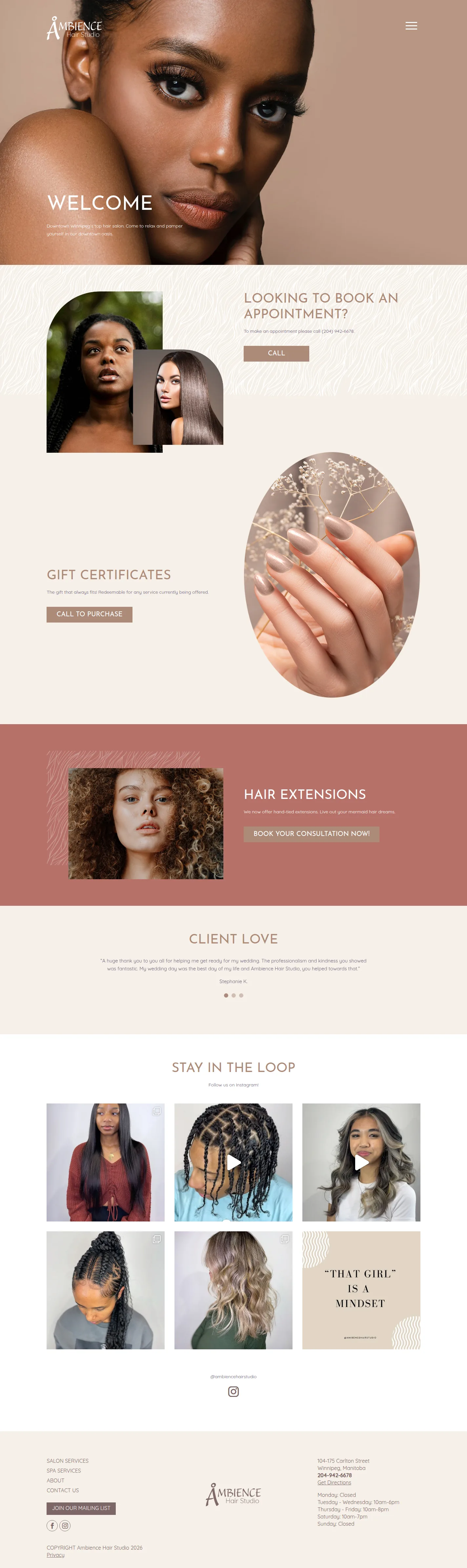 Ambience Hair Studio website design, full page