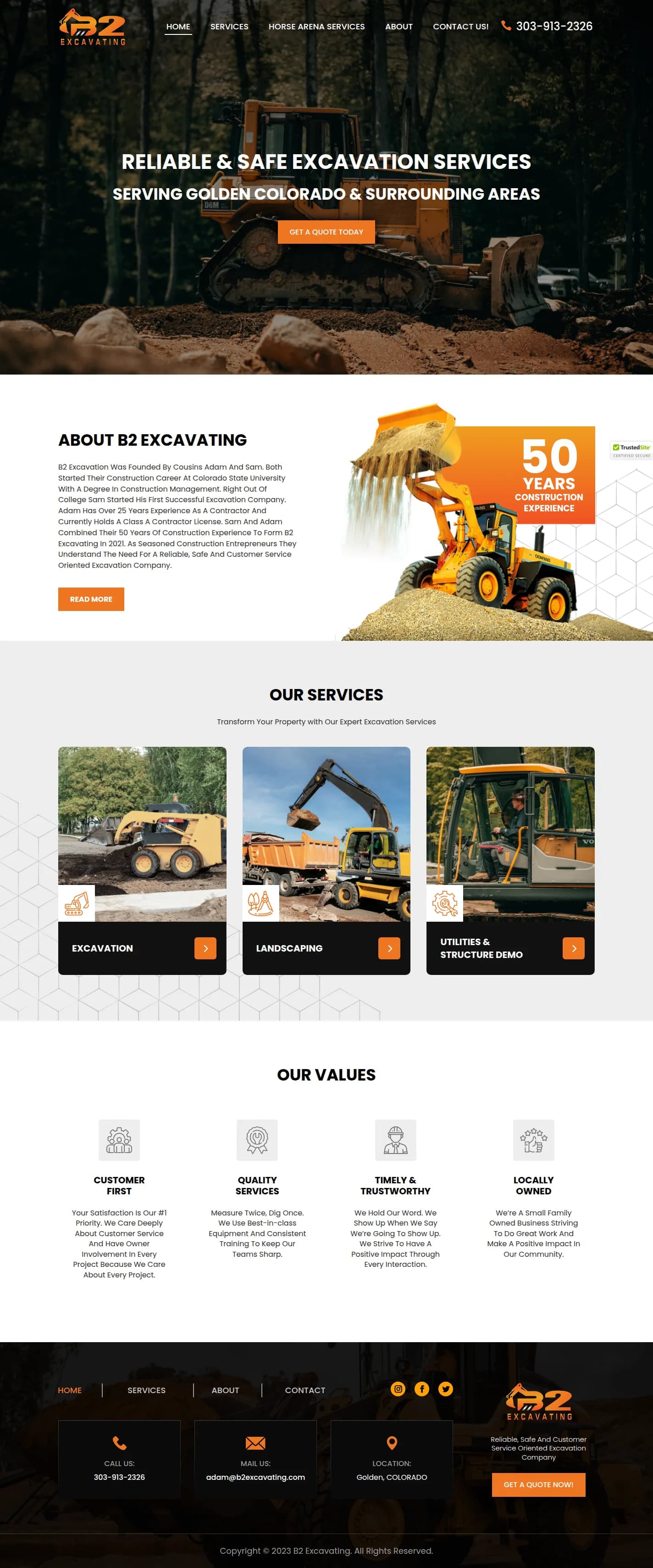 B2 Excavating website design, full page