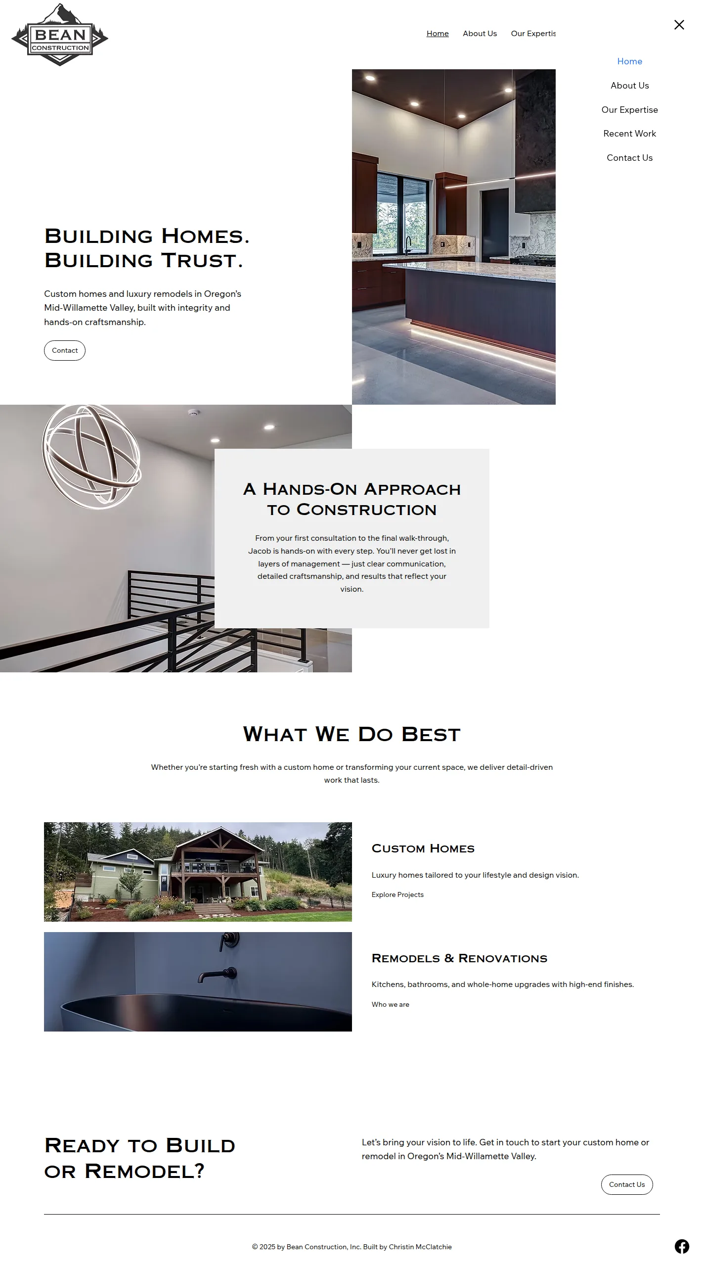 Bean Construction website design, full page