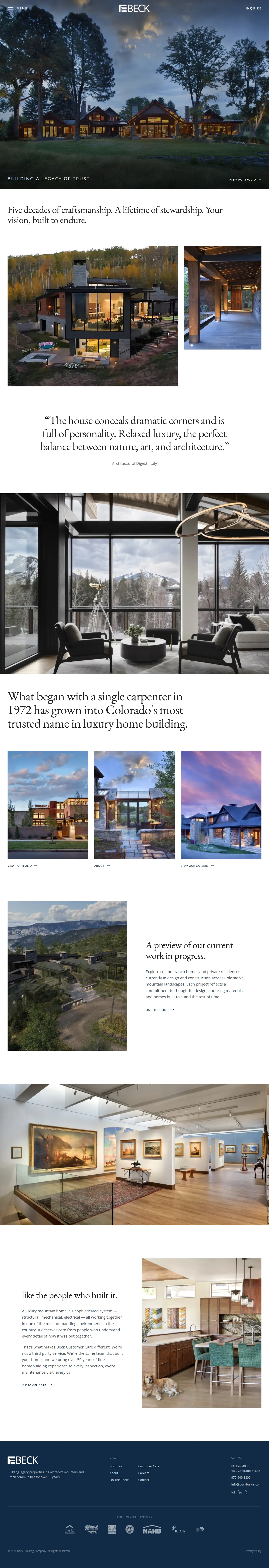 Beck Building Company website design, full page