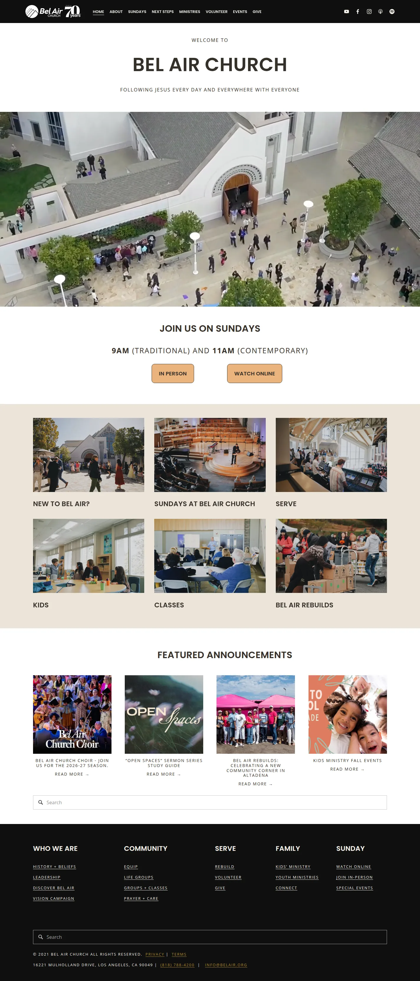 Bel Air Church website design, full page