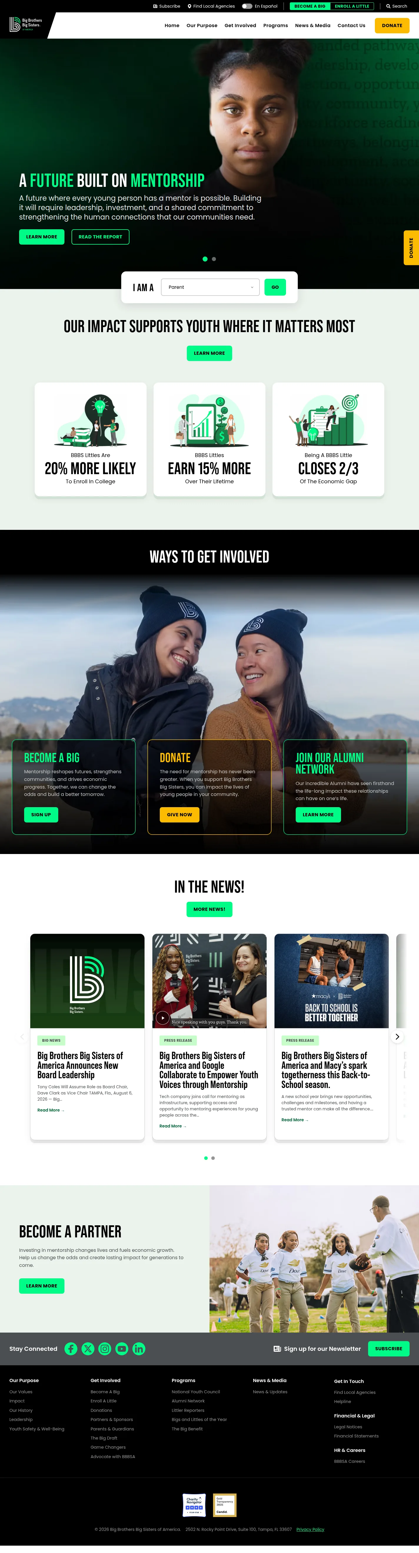 Big Brothers Big Sisters website design, full page