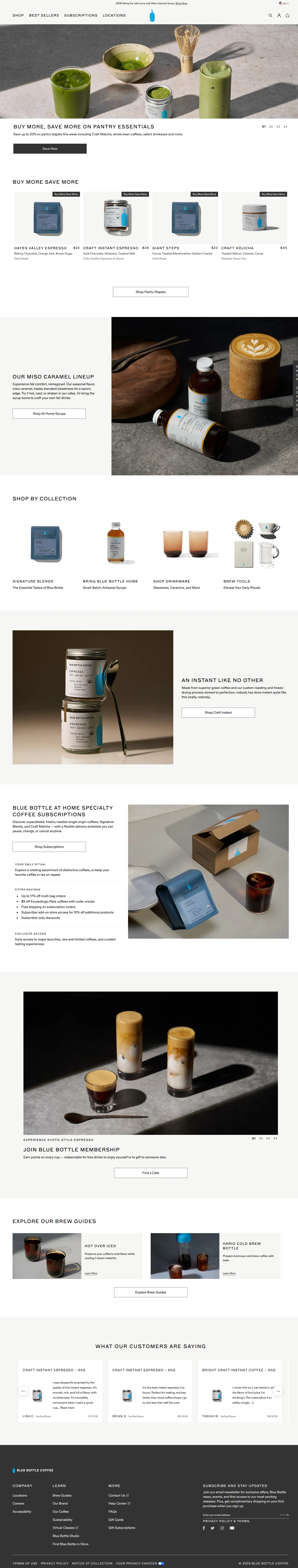 Blue Bottle Coffee website design, full page