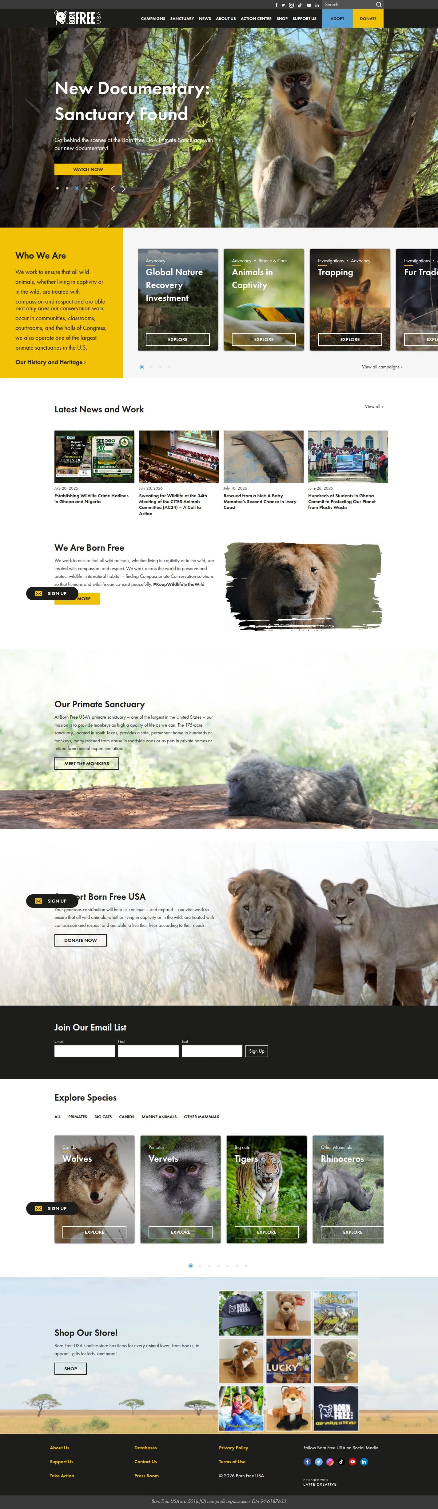 Born Free USA website design, full page