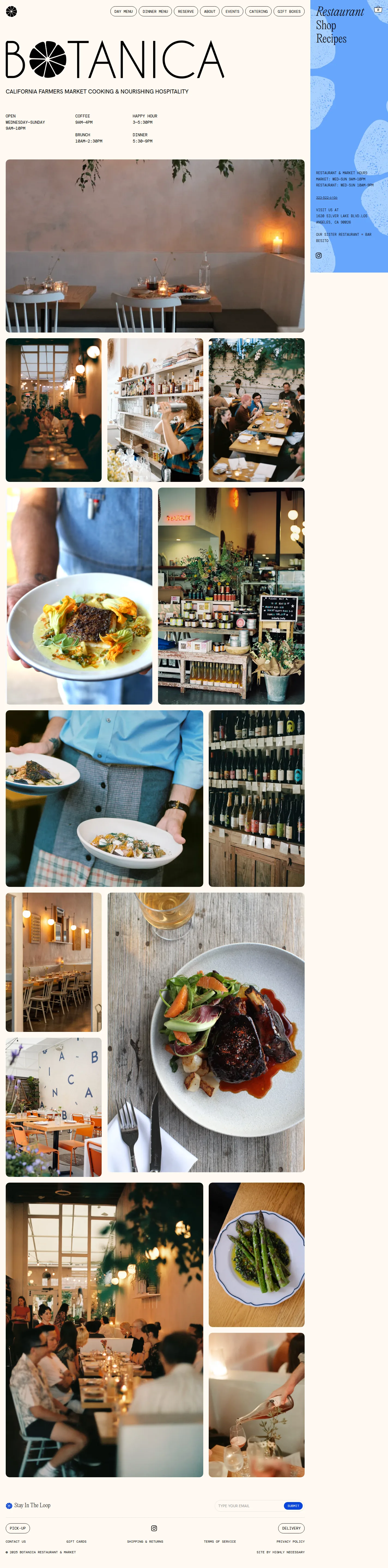 Botanica Restaurant website design, full page