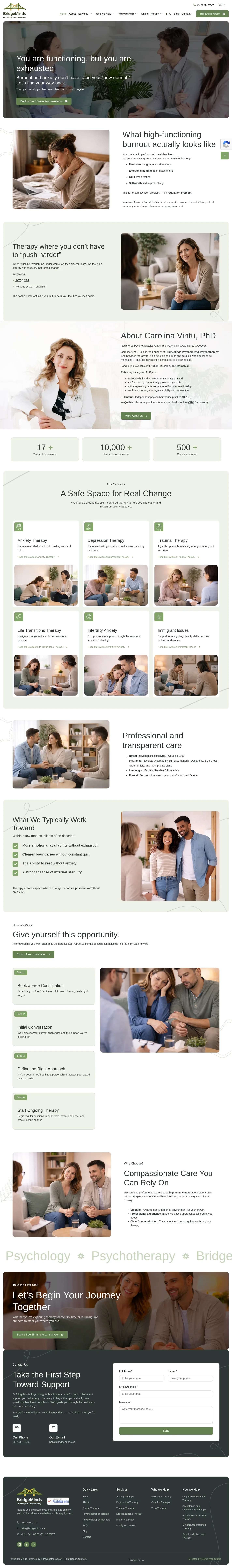 BridgeMinds Psychology & Psychotherapy website design, full page