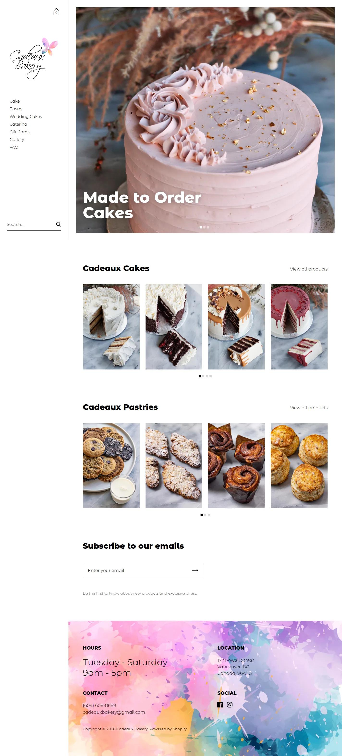 Cadeaux Bakery website design, full page