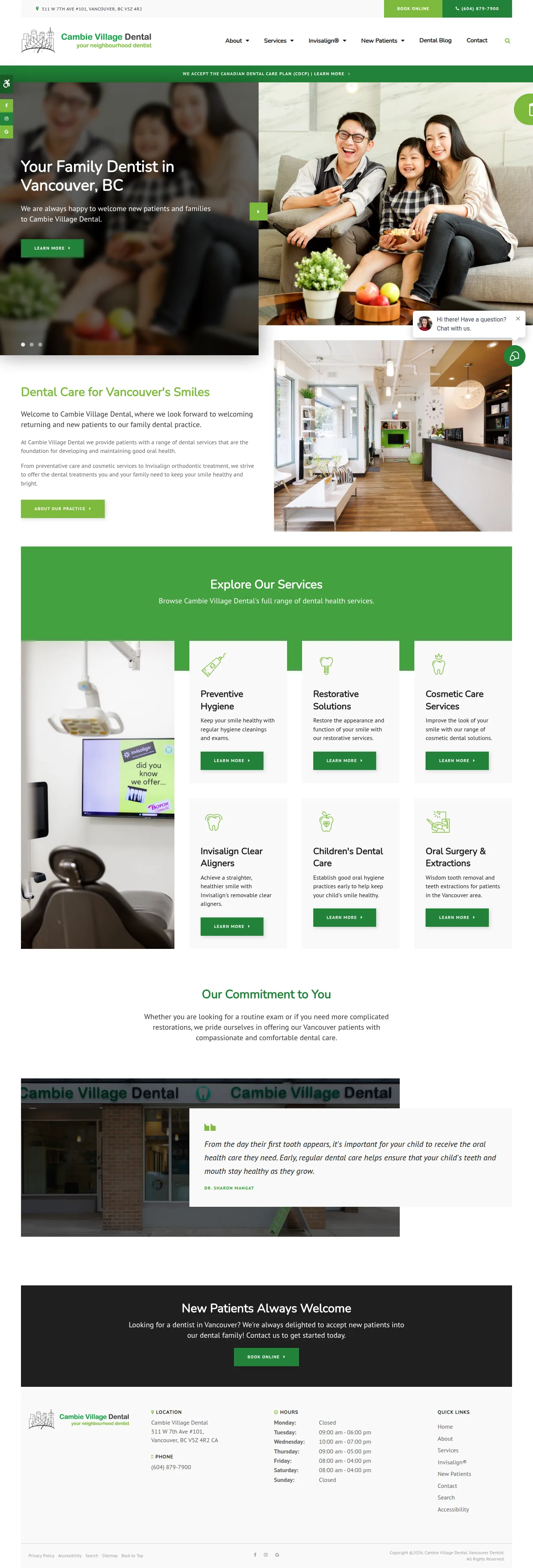 Cambie Village Dental website design, full page