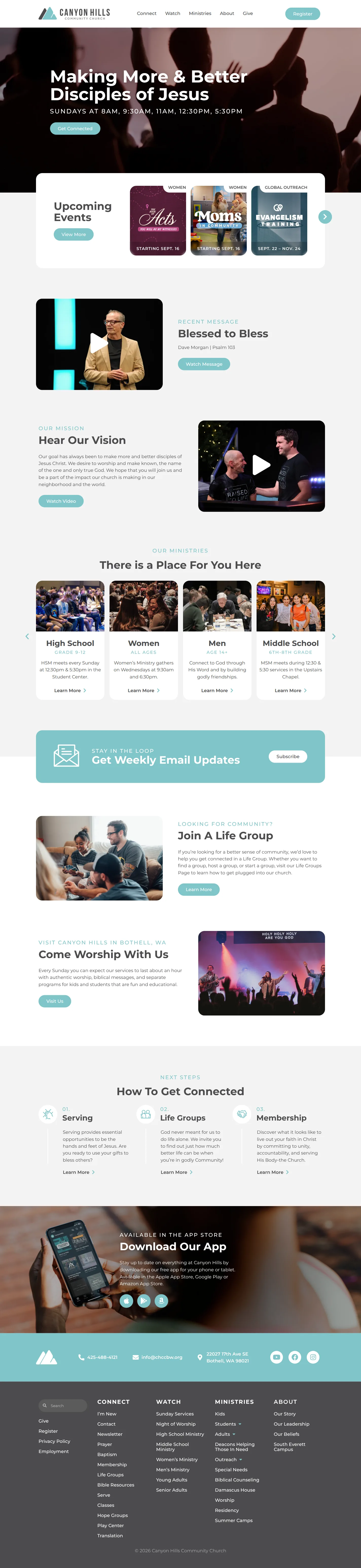 Canyon Hills Community Church website design, full page
