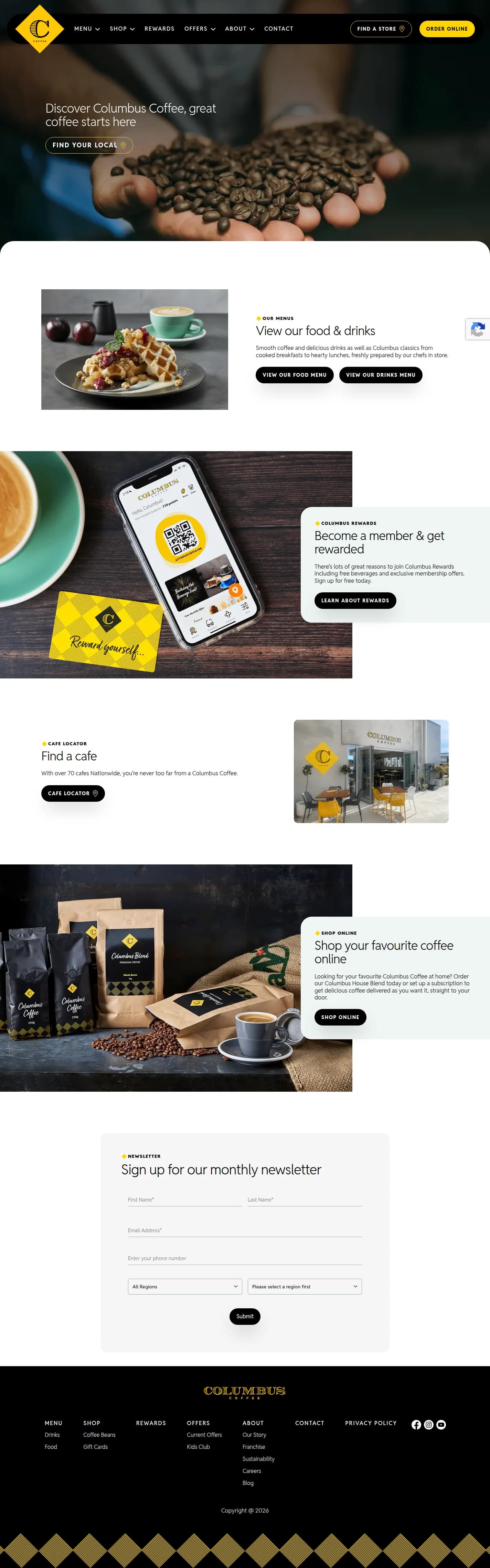Columbus Coffee website design, full page