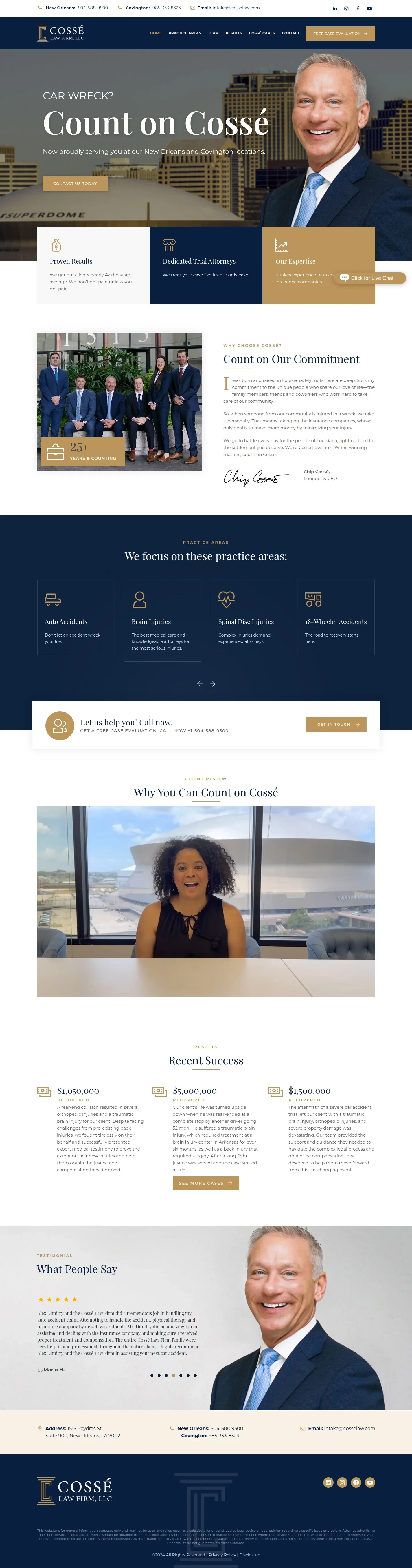 Cossé Law Firm website design, full page