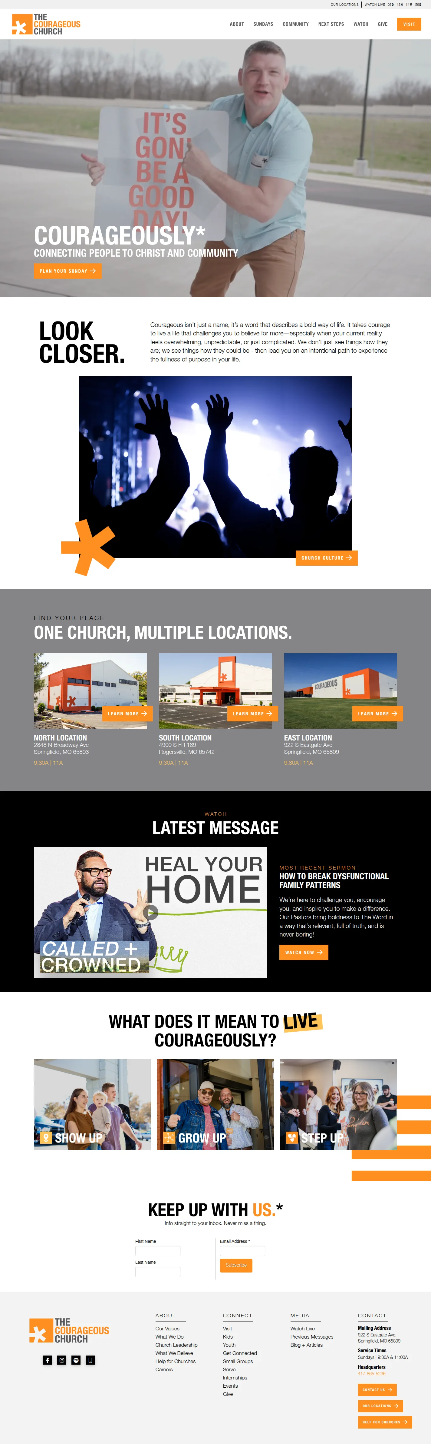 Courageous Church website design, full page