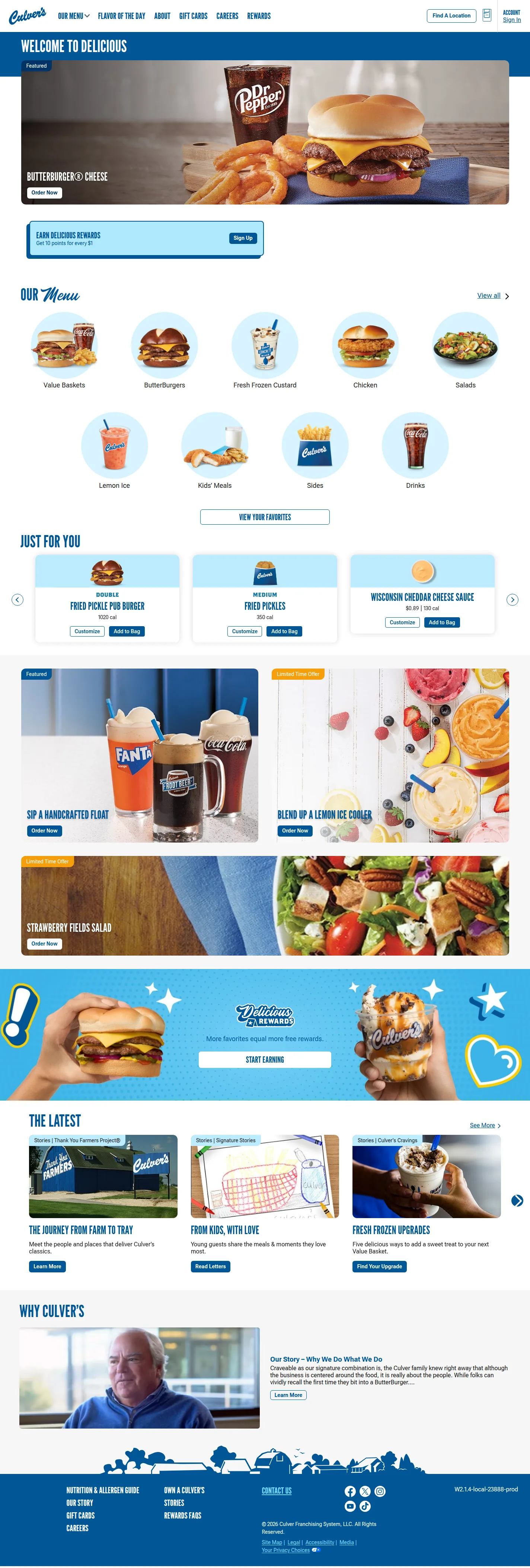 Culver's website design, full page