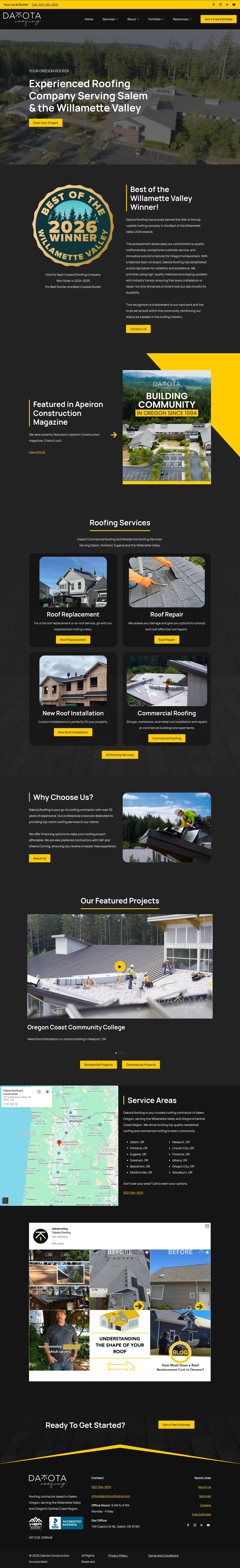 Dakota Roofing website design, full page