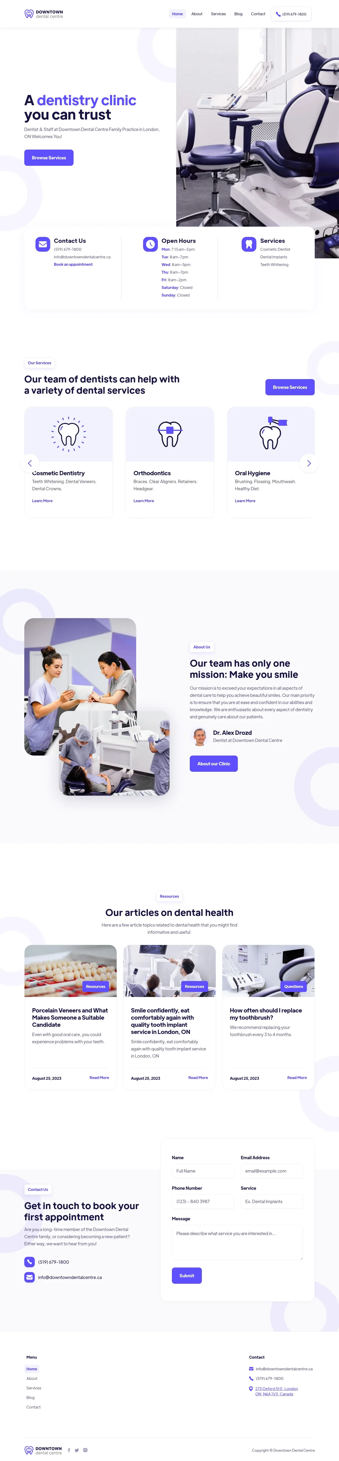 Downtown Dental Centre website design, full page