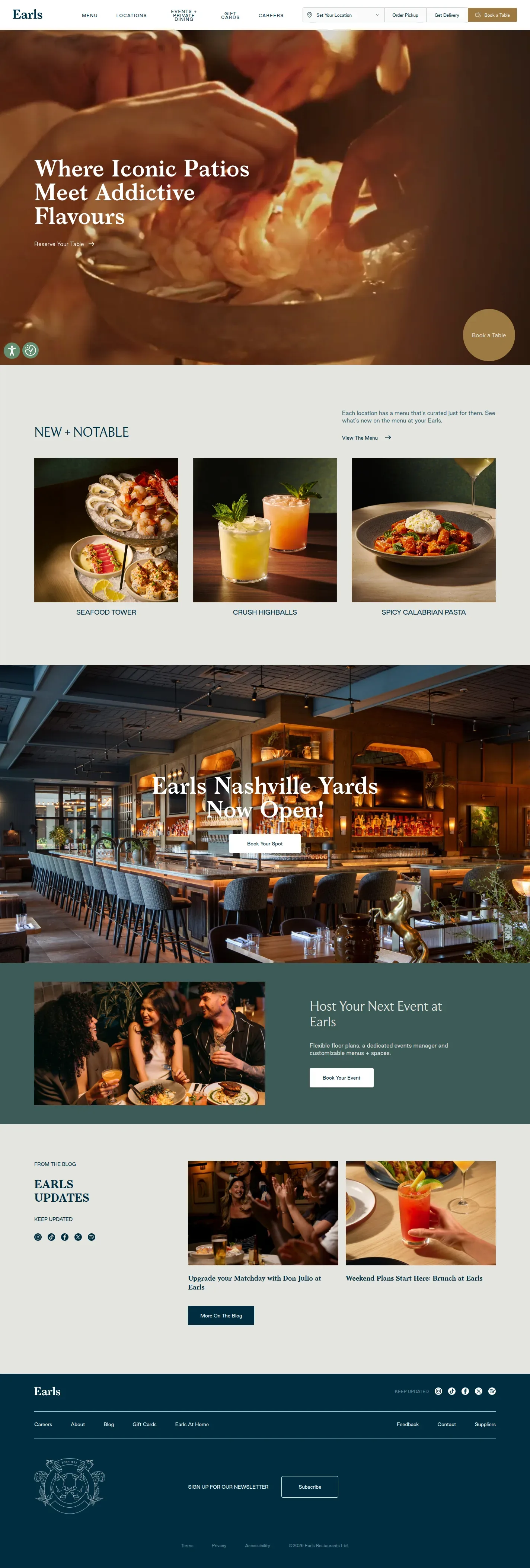 Earls Kitchen + Bar website design, full page