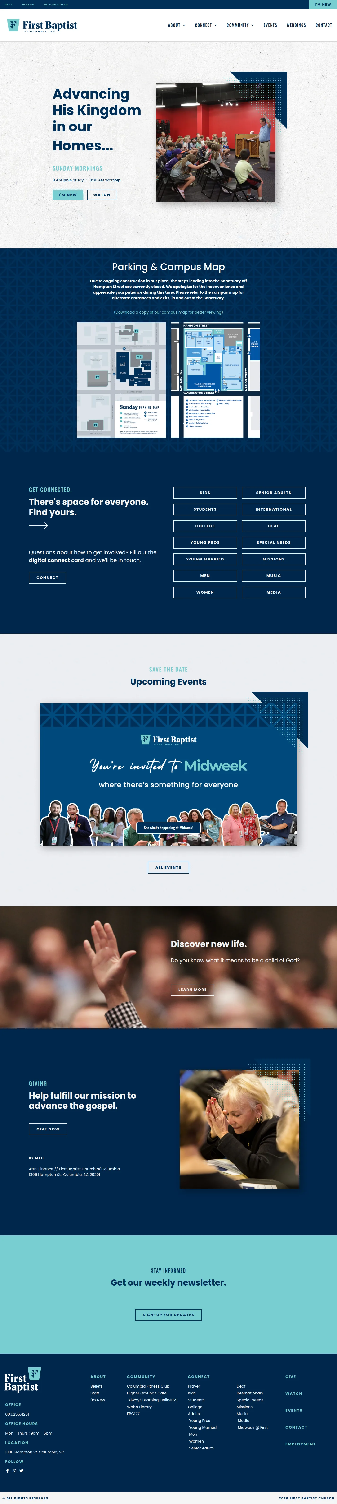 First Baptist Church Columbia website design, full page