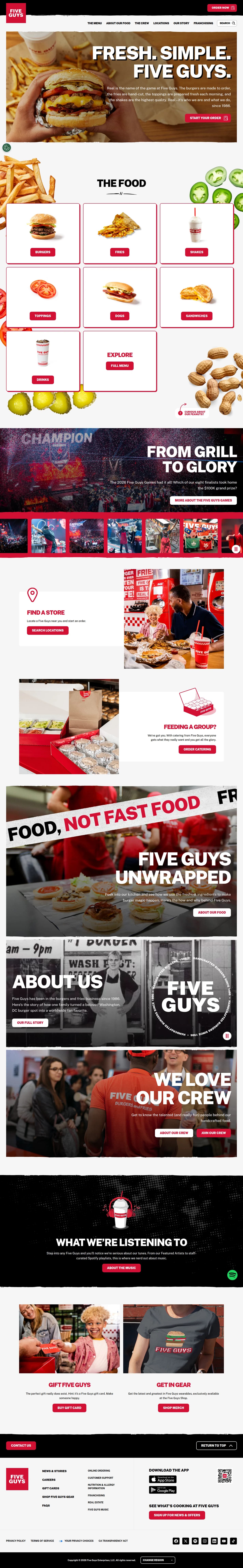 Five Guys website design, full page