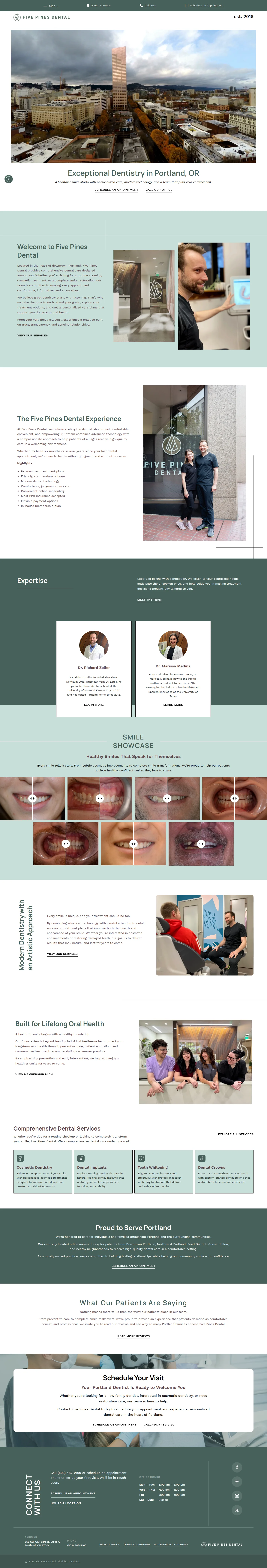Five Pines Dental website design, full page