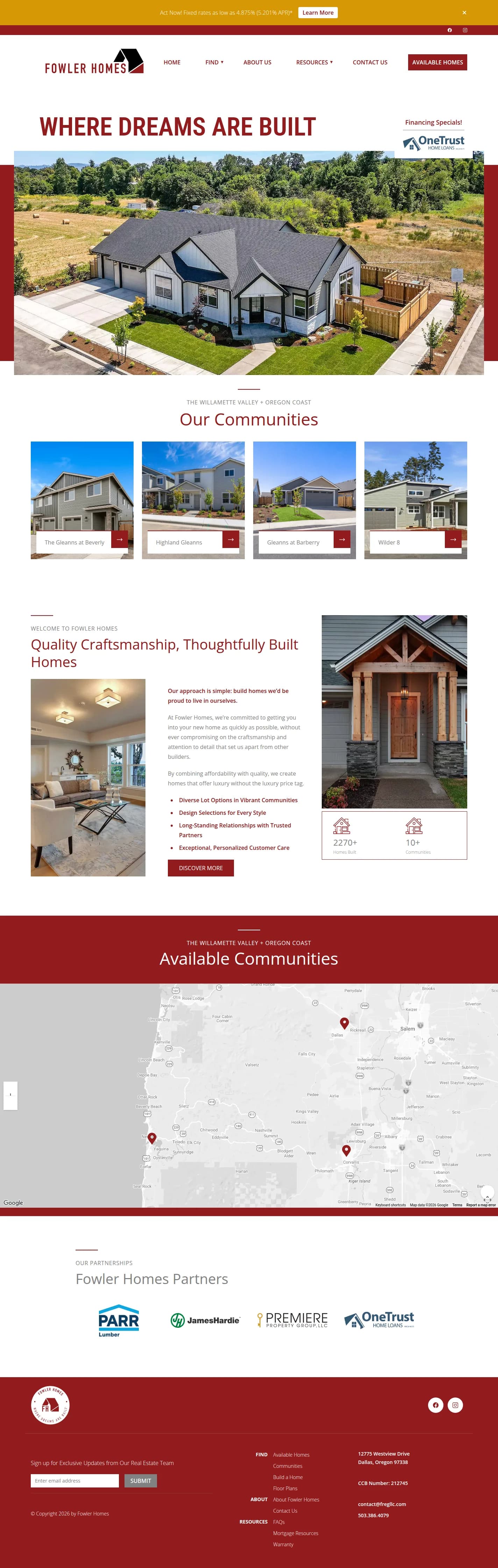 Fowler Homes website design, full page