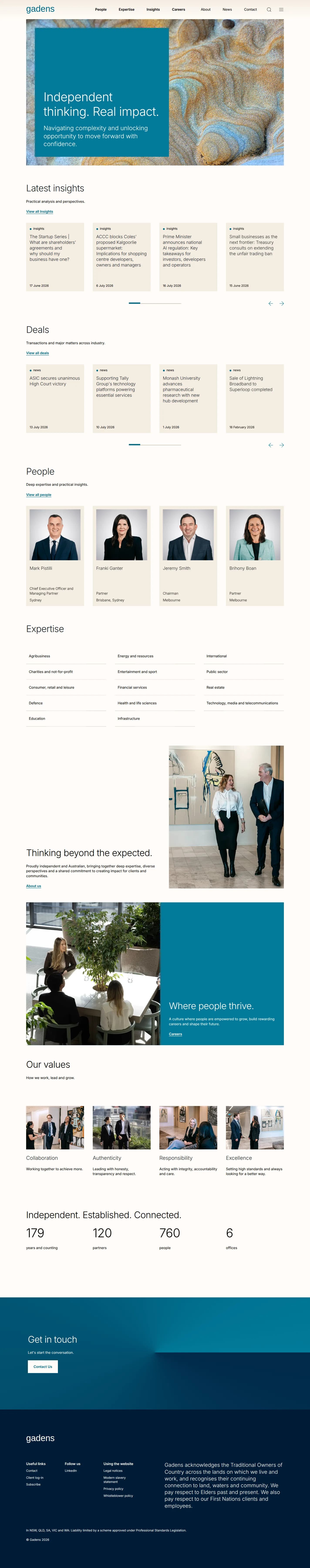 Gadens website design, full page