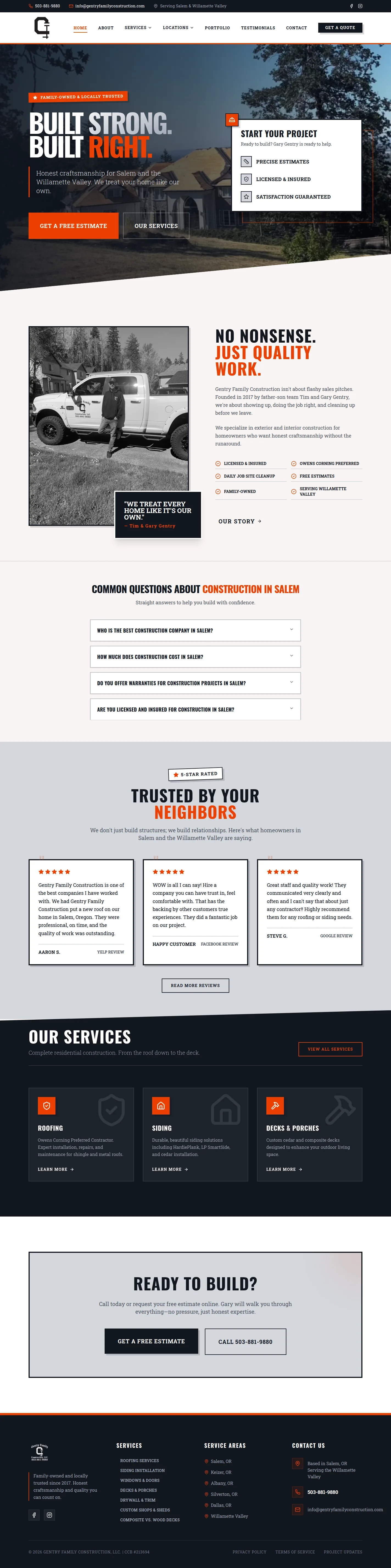 Gentry Family Construction website design, full page