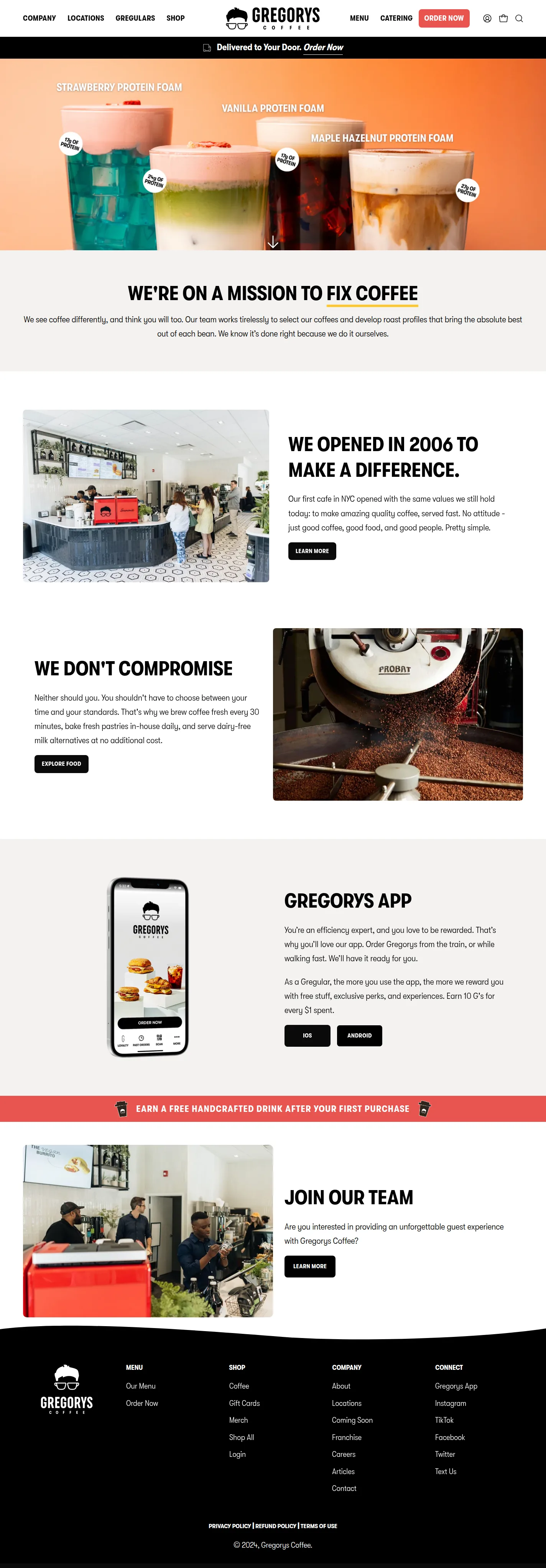 Gregorys Coffee website design, full page