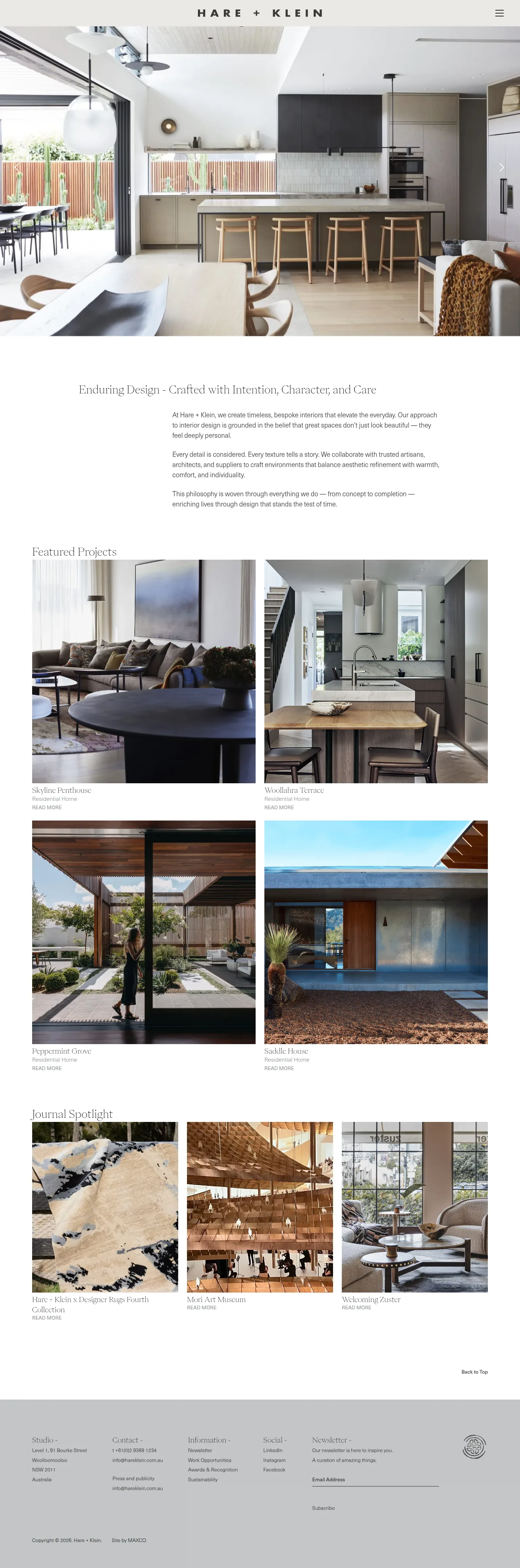 Hare + Klein website design, full page