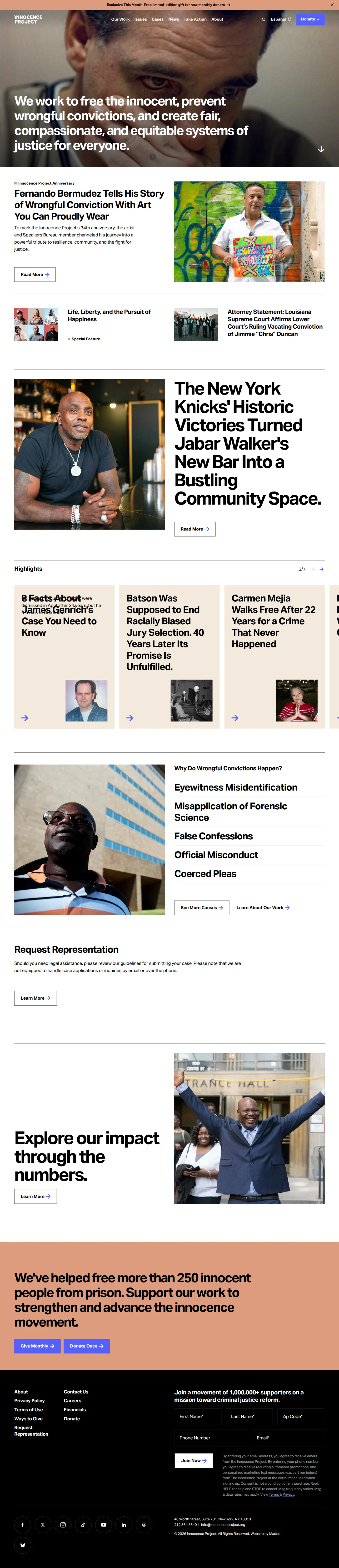 Innocence Project website design, full page